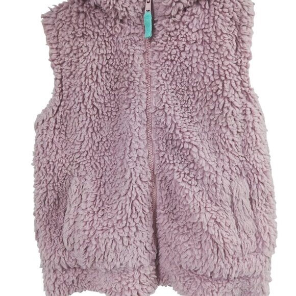 Mini Boden Teddy Bear Fleece Hooded Vest Size 5-6Y Pink Blue Stars Kids Faux Fur - Picture 6 of 11